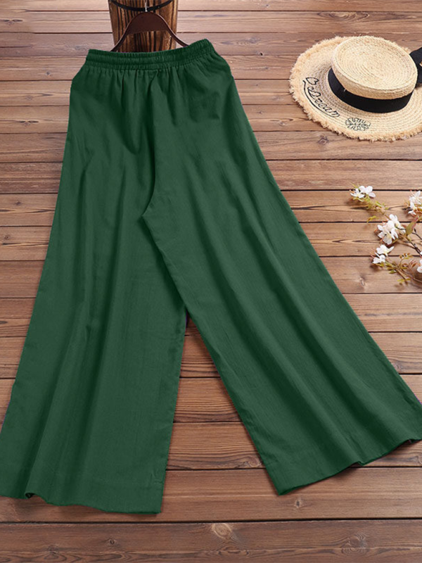 Trousers- Elastic Waistband Wide Leg Pants - Mid Rise Trousers- - IndioGear Fashion and Gear