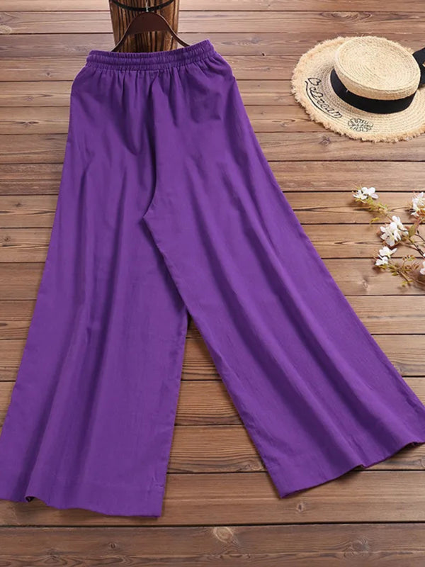 Trousers- Elastic Waistband Wide Leg Pants - Mid Rise Trousers- - IndioGear Fashion and Gear