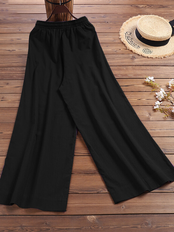 Trousers- Elastic Waistband Wide Leg Pants - Mid Rise Trousers- - IndioGear Fashion and Gear