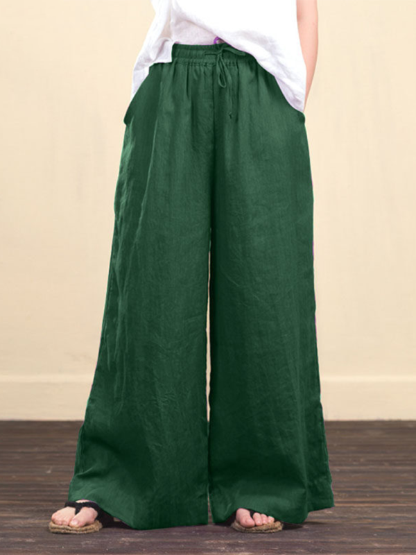 Trousers- Elastic Waistband Wide Leg Pants - Mid Rise Trousers- - IndioGear Fashion and Gear