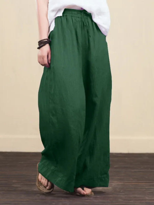 Trousers- Elastic Waistband Wide Leg Pants - Mid Rise Trousers- - IndioGear Fashion and Gear