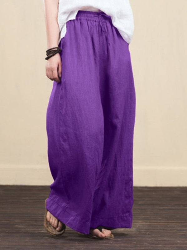 Trousers- Elastic Waistband Wide Leg Pants - Mid Rise Trousers- - IndioGear Fashion and Gear