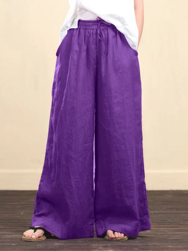 Trousers- Elastic Waistband Wide Leg Pants - Mid Rise Trousers- Purple- IndioGear Fashion and Gear