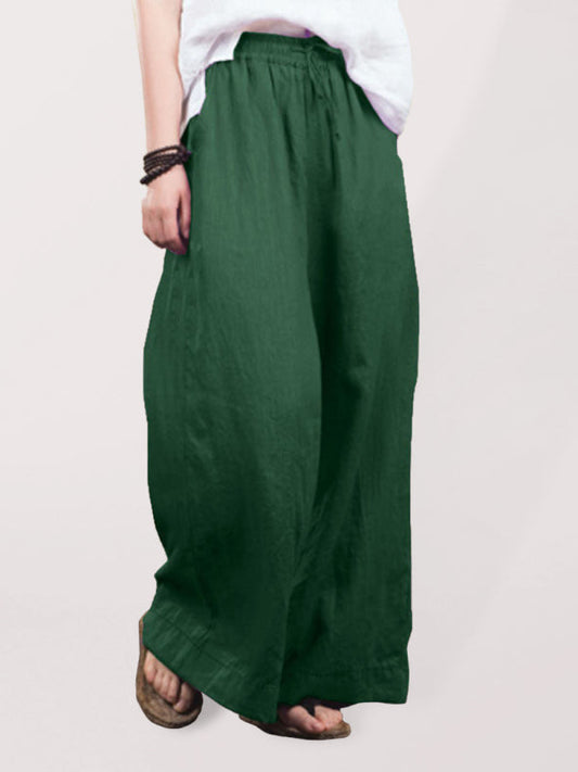 Trousers- Elastic Waistband Wide Leg Pants - Mid Rise Trousers- Green- IndioGear Fashion and Gear