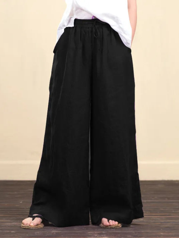 Trousers- Elastic Waistband Wide Leg Pants - Mid Rise Trousers- - IndioGear Fashion and Gear