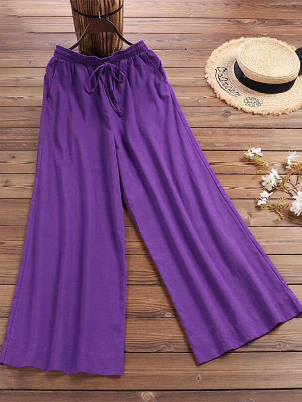 Trousers- Elastic Waistband Wide Leg Pants - Mid Rise Trousers- - IndioGear Fashion and Gear