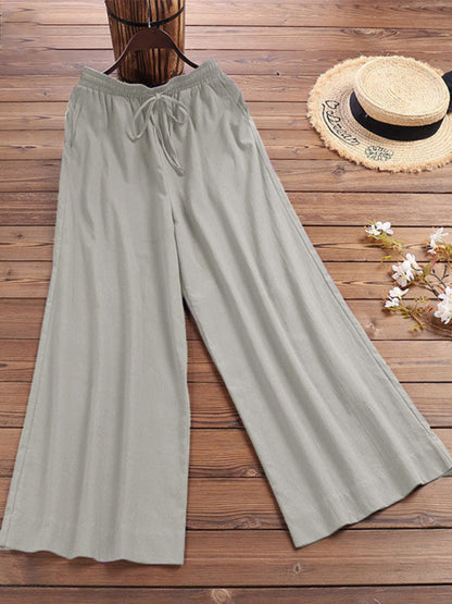 Trousers- Elastic Waistband Wide Leg Pants - Mid Rise Trousers- - IndioGear Fashion and Gear