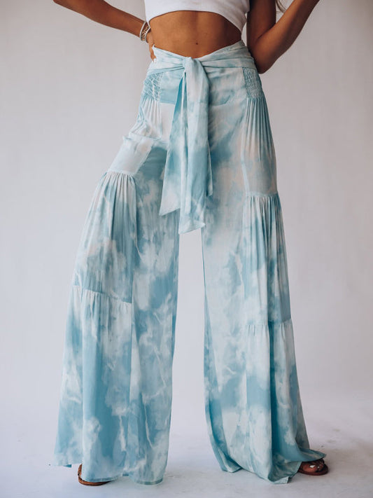 Trousers- Floral Fantasy: High-Waisted Wide Leg Palazzo Trousers - Pants- Sky blue azure- IndioGear Fashion and Gear