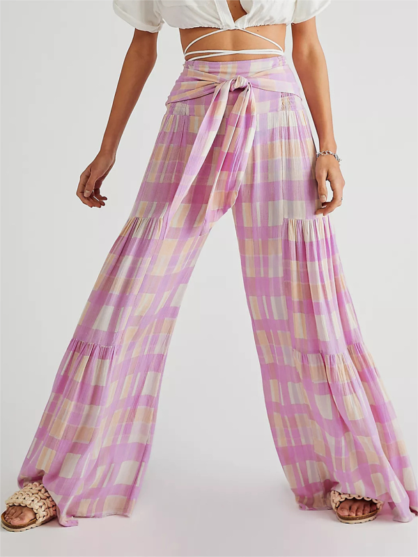 Trousers- Floral Fantasy: High-Waisted Wide Leg Palazzo Trousers - Pants- Pink purple- IndioGear Fashion and Gear