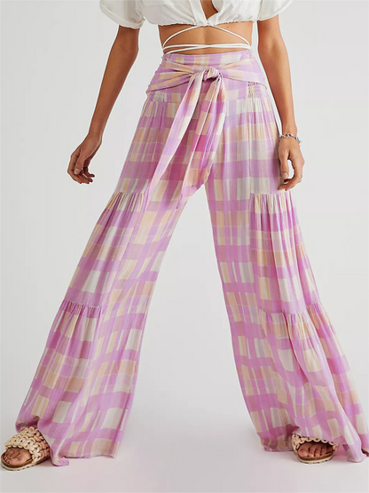 Trousers- Floral Fantasy: High-Waisted Wide Leg Palazzo Trousers - Pants- Pink purple- IndioGear Fashion and Gear