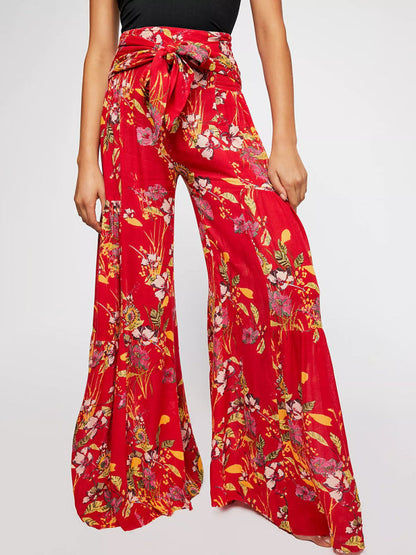 Trousers- Floral Fantasy: High-Waisted Wide Leg Palazzo Trousers - Pants- Red- IndioGear Fashion and Gear