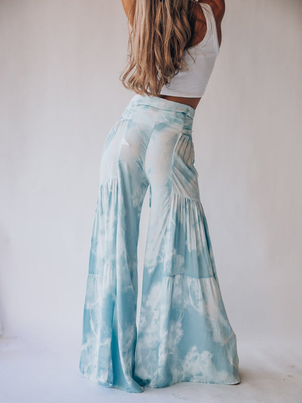 Trousers- Floral Fantasy: High-Waisted Wide Leg Palazzo Trousers - Pants- - IndioGear Fashion and Gear