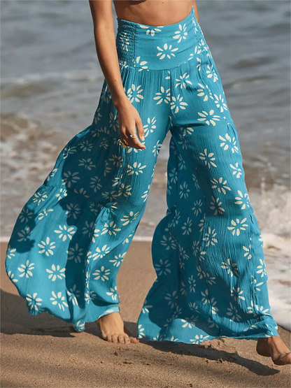 Trousers- Floral Fantasy: High-Waisted Wide Leg Palazzo Trousers - Pants- Turquoise- IndioGear Fashion and Gear