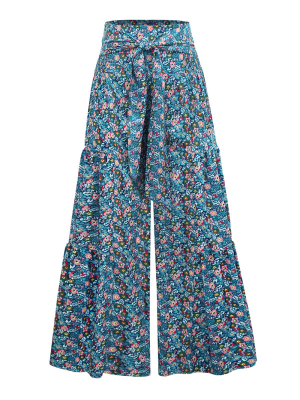 Trousers- Floral Fantasy: High-Waisted Wide Leg Palazzo Trousers - Pants- - IndioGear Fashion and Gear