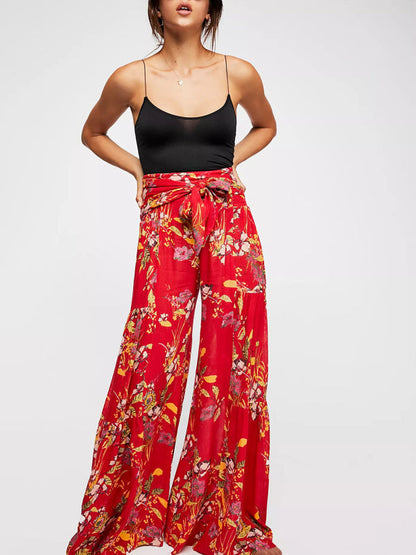 Trousers- Floral Fantasy: High-Waisted Wide Leg Palazzo Trousers - Pants- - IndioGear Fashion and Gear