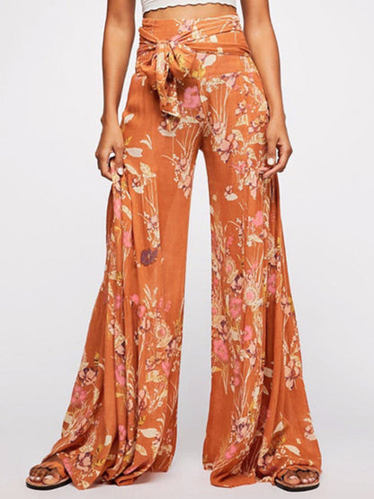 Trousers- Floral Fantasy: High-Waisted Wide Leg Palazzo Trousers - Pants- Orange- IndioGear Fashion and Gear