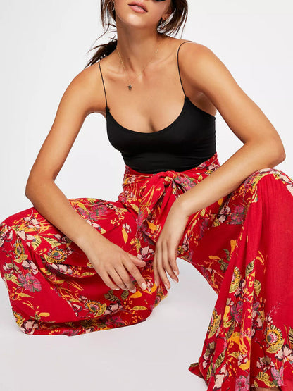 Trousers- Floral Fantasy: High-Waisted Wide Leg Palazzo Trousers - Pants- - IndioGear Fashion and Gear