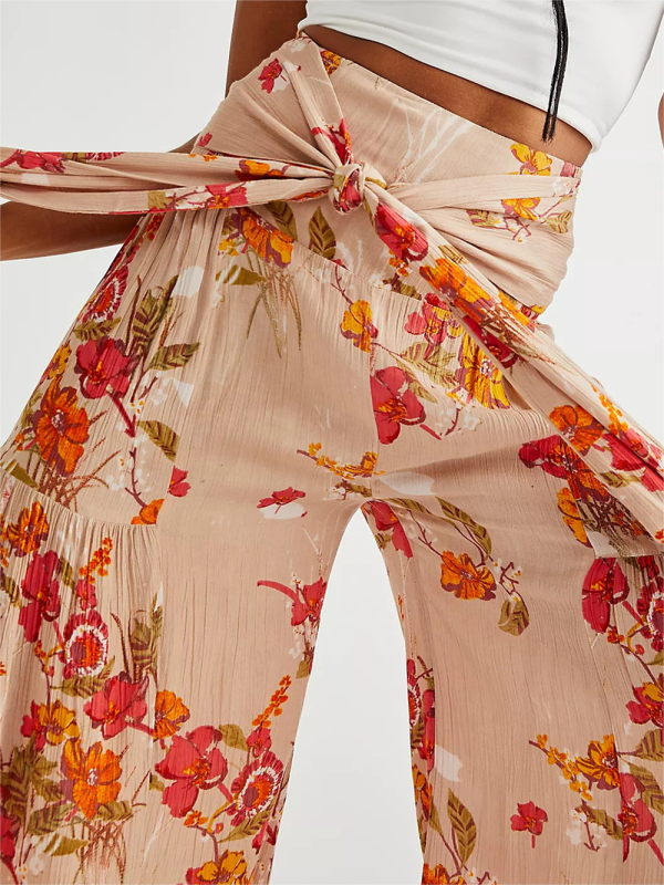 Trousers- Floral Fantasy: High-Waisted Wide Leg Palazzo Trousers - Pants- - IndioGear Fashion and Gear