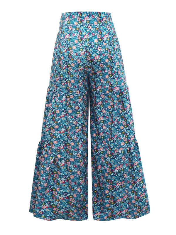 Trousers- Floral Fantasy: High-Waisted Wide Leg Palazzo Trousers - Pants- - IndioGear Fashion and Gear