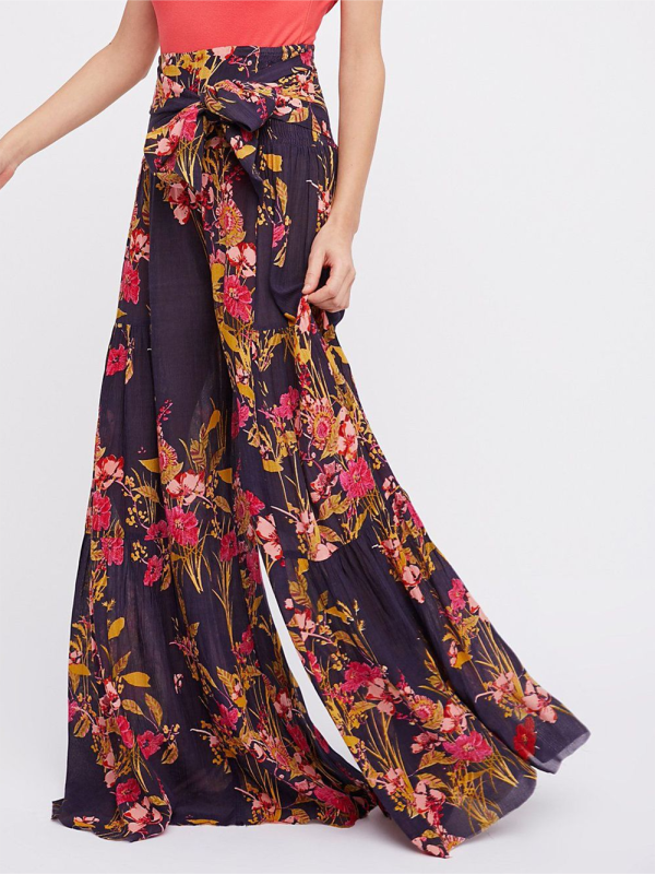 Trousers- Floral Fantasy: High-Waisted Wide Leg Palazzo Trousers - Pants- Pattern- IndioGear Fashion and Gear