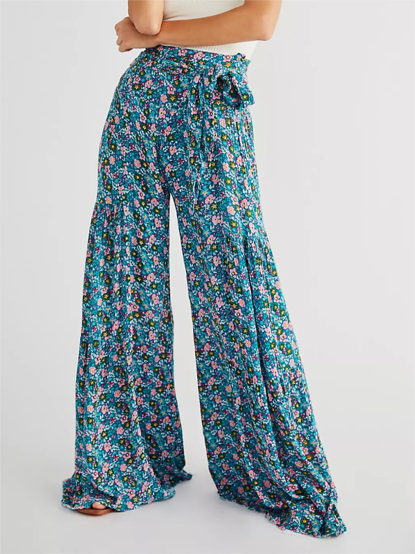 Trousers- Floral Fantasy: High-Waisted Wide Leg Palazzo Trousers - Pants- Acid blue- IndioGear Fashion and Gear