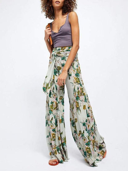 Trousers- Floral Fantasy: High-Waisted Wide Leg Palazzo Trousers - Pants- - IndioGear Fashion and Gear