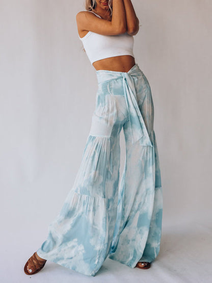 Trousers- Floral Fantasy: High-Waisted Wide Leg Palazzo Trousers - Pants- - IndioGear Fashion and Gear