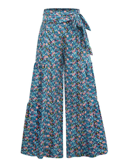 Trousers- Floral Fantasy: High-Waisted Wide Leg Palazzo Trousers - Pants- - IndioGear Fashion and Gear