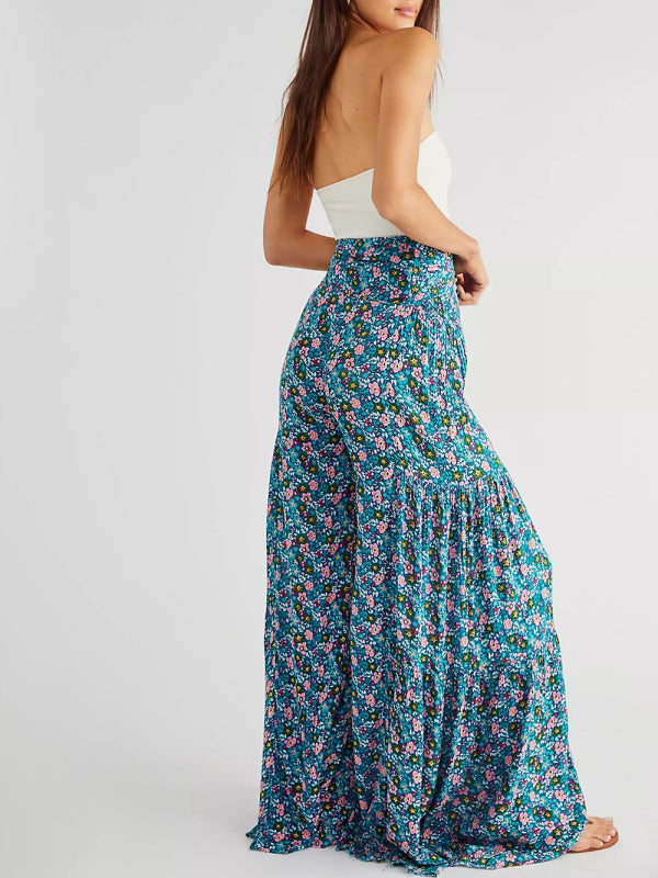 Trousers- Floral Fantasy: High-Waisted Wide Leg Palazzo Trousers - Pants- - IndioGear Fashion and Gear