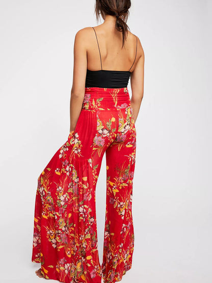 Trousers- Floral Fantasy: High-Waisted Wide Leg Palazzo Trousers - Pants- - IndioGear Fashion and Gear