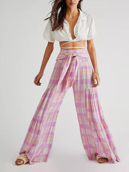 Trousers- Floral Fantasy: High-Waisted Wide Leg Palazzo Trousers - Pants- - IndioGear Fashion and Gear