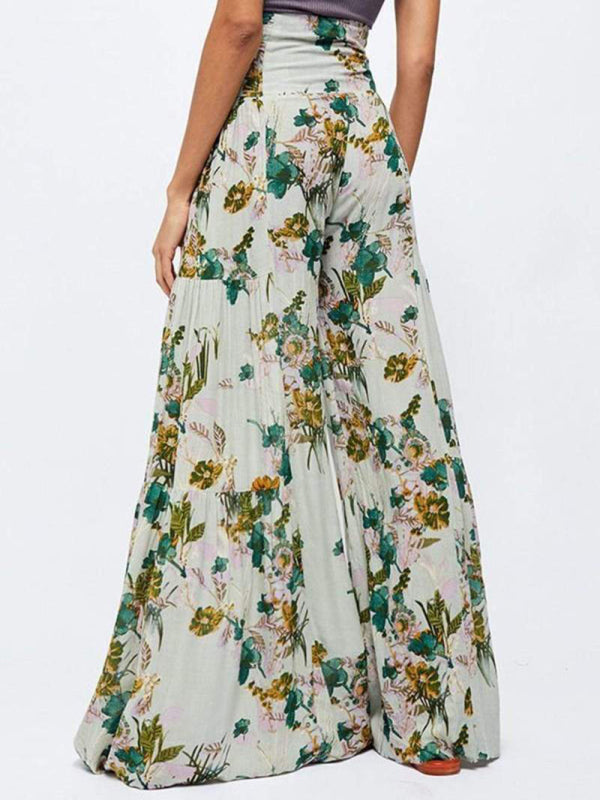 Trousers- Floral Fantasy: High-Waisted Wide Leg Palazzo Trousers - Pants- - IndioGear Fashion and Gear