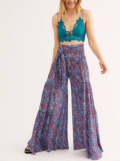 Trousers- Floral Fantasy: High-Waisted Wide Leg Palazzo Trousers - Pants- - IndioGear Fashion and Gear