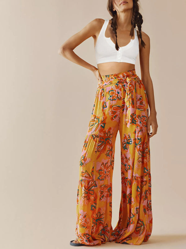 Trousers- Floral Fantasy: High-Waisted Wide Leg Palazzo Trousers - Pants- - IndioGear Fashion and Gear