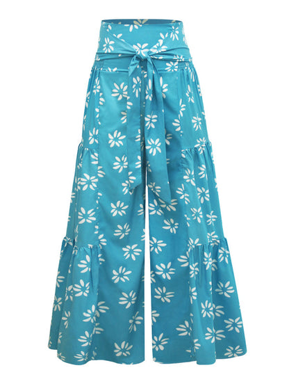 Trousers- Floral Fantasy: High-Waisted Wide Leg Palazzo Trousers - Pants- - IndioGear Fashion and Gear