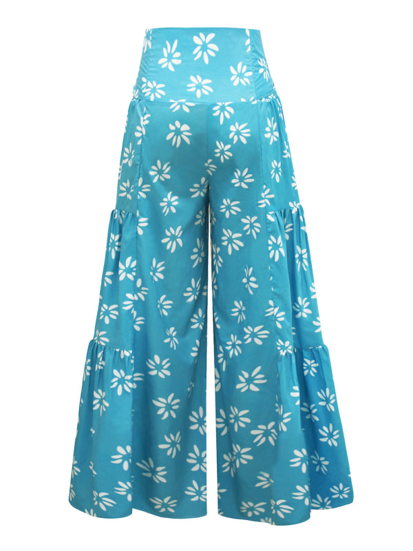 Trousers- Floral Fantasy: High-Waisted Wide Leg Palazzo Trousers - Pants- - IndioGear Fashion and Gear