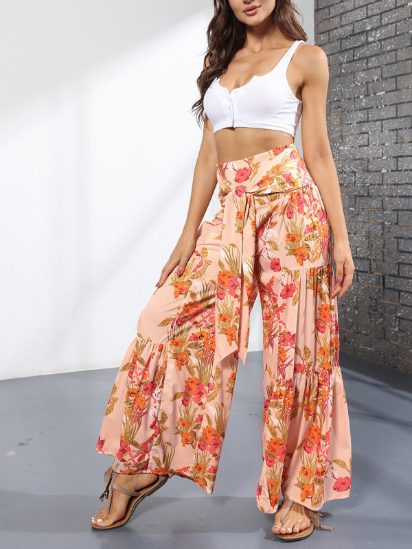 Trousers- Floral Fantasy: High-Waisted Wide Leg Palazzo Trousers - Pants- - IndioGear Fashion and Gear