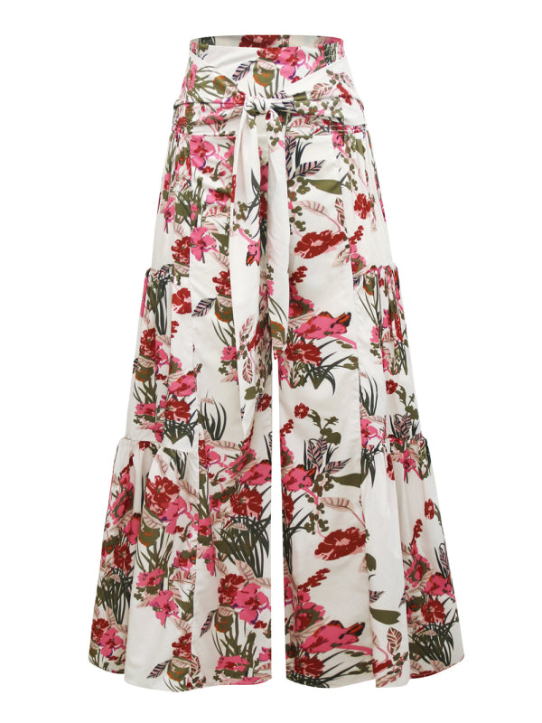 Trousers- Floral Fantasy: High-Waisted Wide Leg Palazzo Trousers - Pants- - IndioGear Fashion and Gear