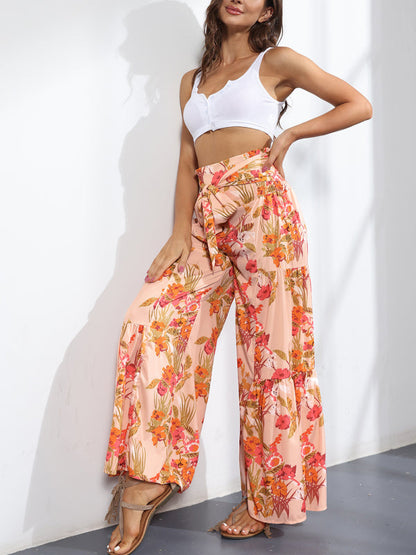 Trousers- Floral Fantasy: High-Waisted Wide Leg Palazzo Trousers - Pants- - IndioGear Fashion and Gear