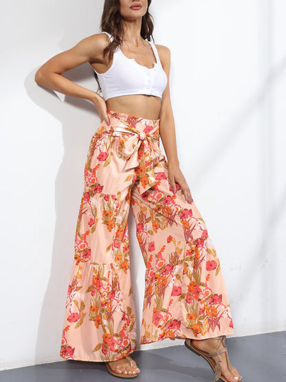 Trousers- Floral Fantasy: High-Waisted Wide Leg Palazzo Trousers - Pants- - IndioGear Fashion and Gear