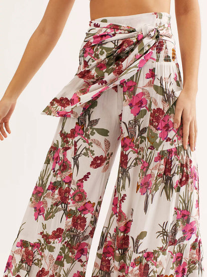 Trousers- Floral Fantasy: High-Waisted Wide Leg Palazzo Trousers - Pants- - IndioGear Fashion and Gear