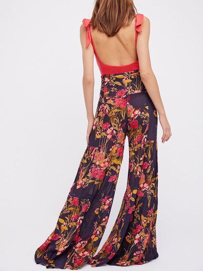 Trousers- Floral Fantasy: High-Waisted Wide Leg Palazzo Trousers - Pants- - IndioGear Fashion and Gear