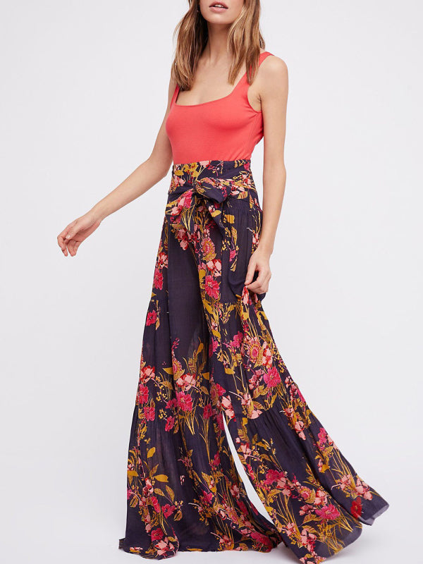 Trousers- Floral Fantasy: High-Waisted Wide Leg Palazzo Trousers - Pants- - IndioGear Fashion and Gear