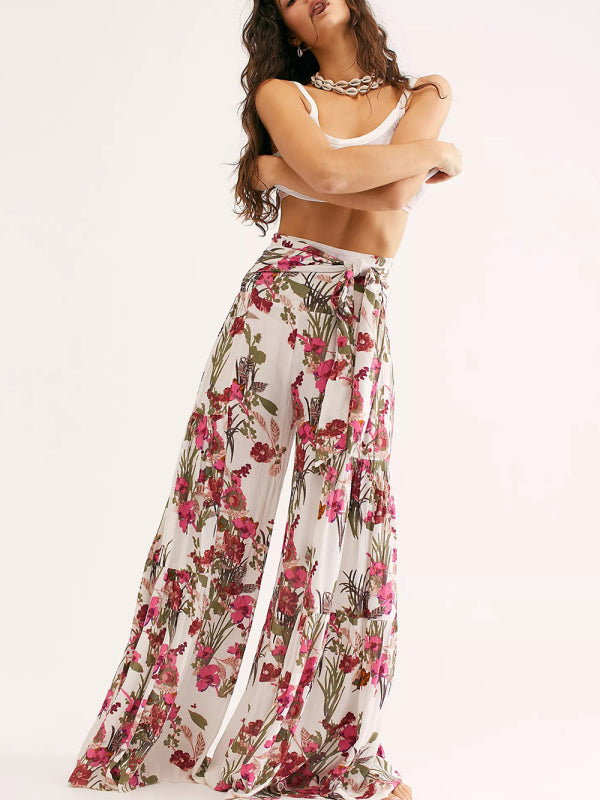 Trousers- Floral Fantasy: High-Waisted Wide Leg Palazzo Trousers - Pants- - IndioGear Fashion and Gear