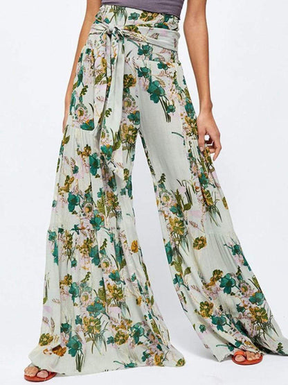 Trousers- Floral Fantasy: High-Waisted Wide Leg Palazzo Trousers - Pants- Pale green- IndioGear Fashion and Gear