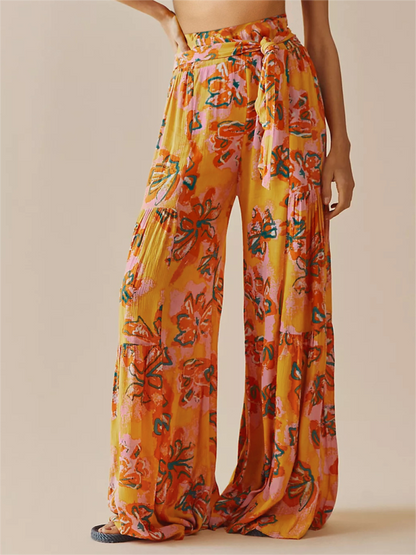 Trousers- Floral Fantasy: High-Waisted Wide Leg Palazzo Trousers - Pants- Yellow- IndioGear Fashion and Gear