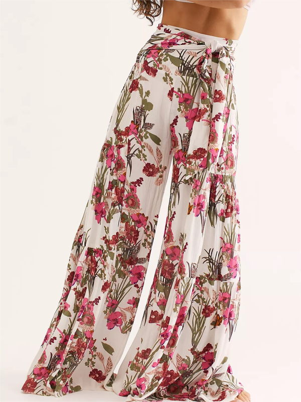 Trousers- Floral Fantasy: High-Waisted Wide Leg Palazzo Trousers - Pants- Pink- IndioGear Fashion and Gear