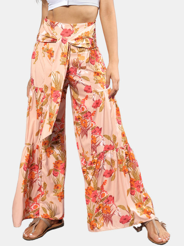 Trousers- Floral Fantasy: High-Waisted Wide Leg Palazzo Trousers - Pants- Peach- IndioGear Fashion and Gear