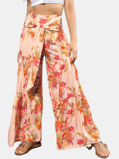 Trousers- Floral Fantasy: High-Waisted Wide Leg Palazzo Trousers - Pants- Peach- IndioGear Fashion and Gear