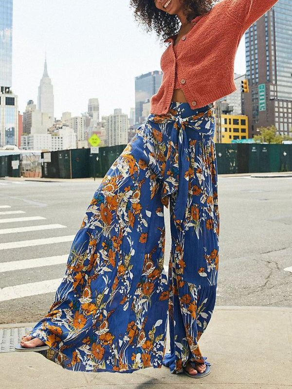 Trousers- Floral Fantasy: High-Waisted Wide Leg Palazzo Trousers - Pants- Royal blue- IndioGear Fashion and Gear